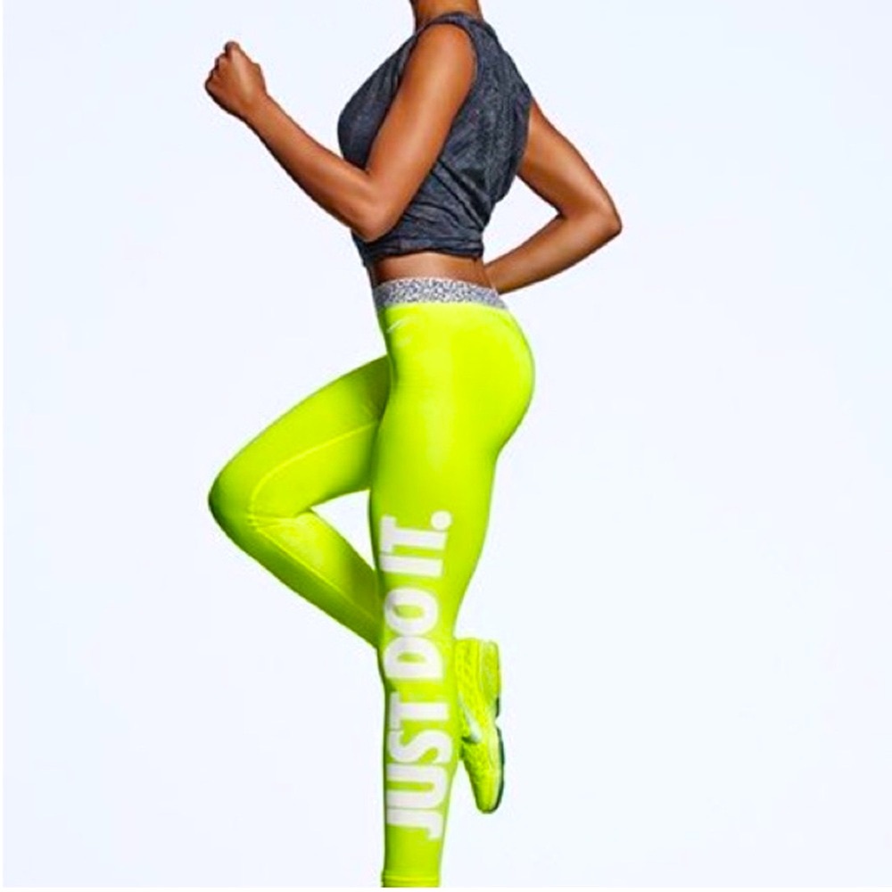 Nike Pro Dri-FIT Hyperwarm Compression Leggings Neon Yellow Just Do It NWOT